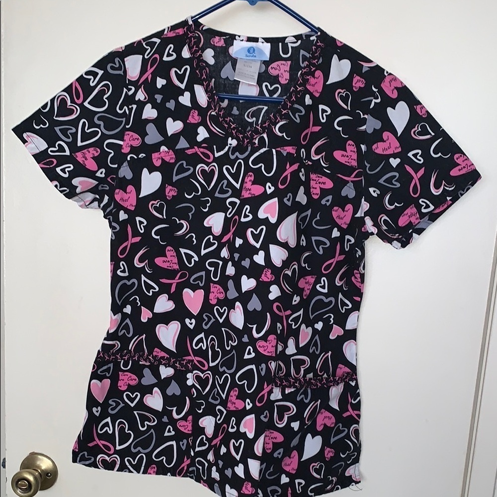 Gently Loved Heart Patterned Cancer Ribbon Scrub Top